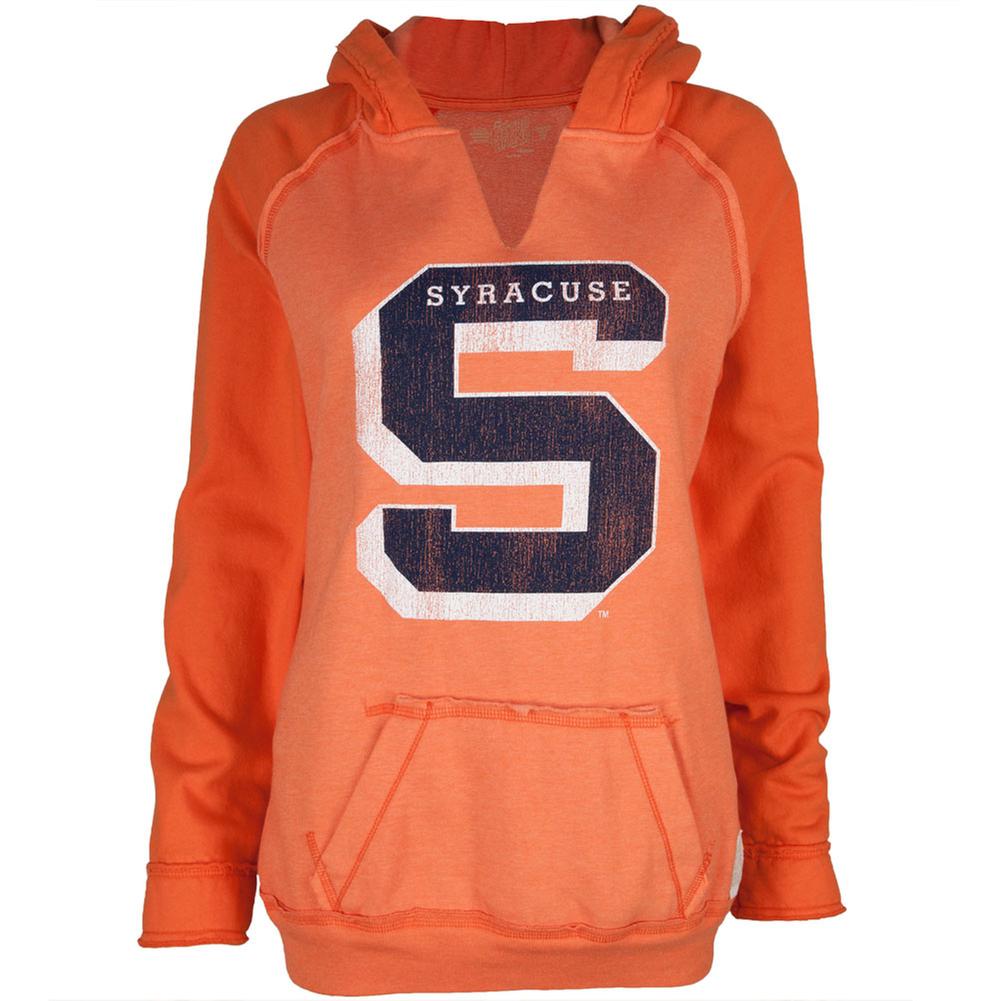 Syracuse Orange - Distressed S Logo Juniors Relaxed Slit-Neck Hoodie Juniors Hoodies Syracuse Orange LG Orange