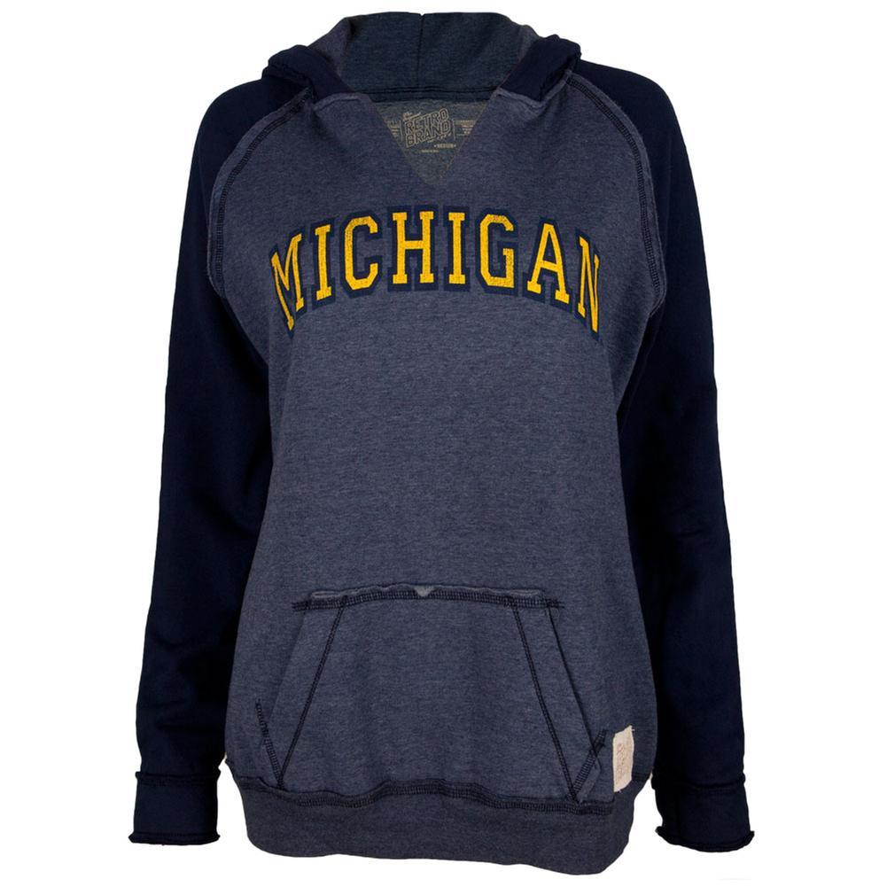 Michigan Wolverines - Arched Letters Juniors Relaxed Slit-Neck Hoodie Juniors Hoodies Michigan Wolverines LG Blue 