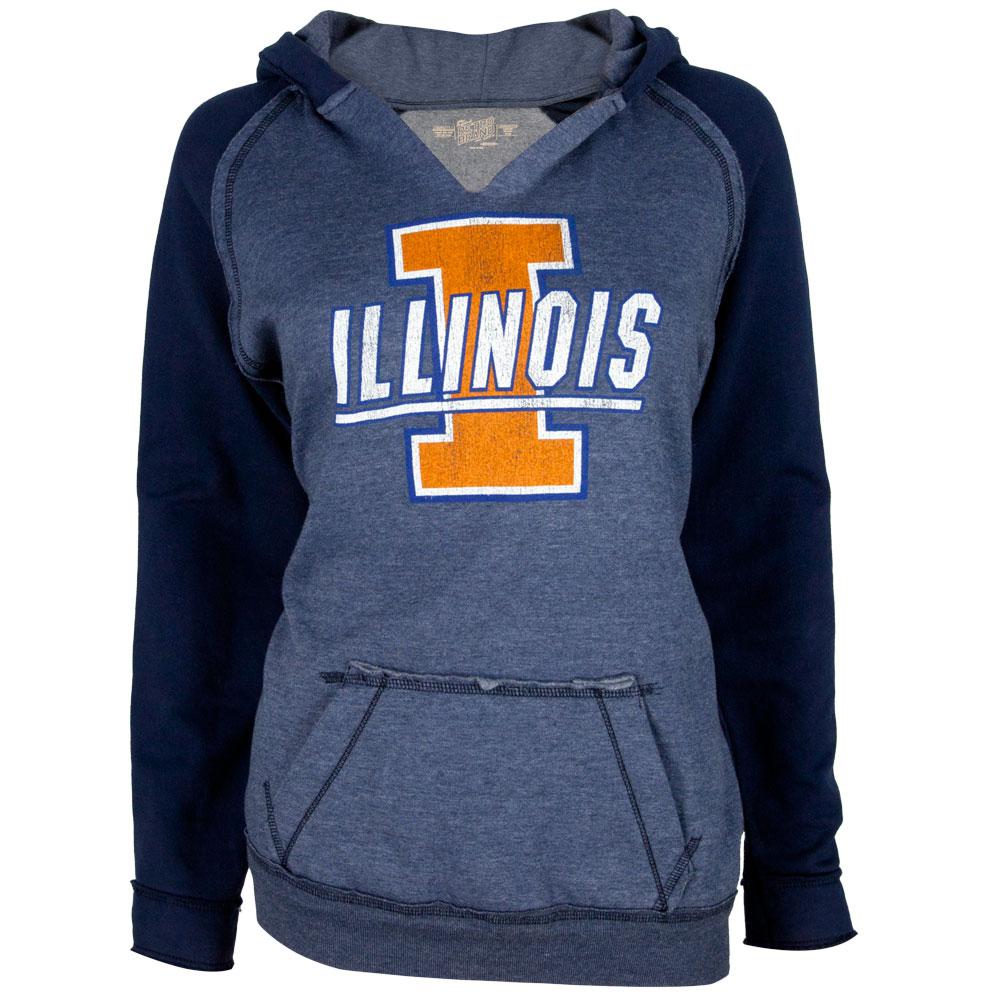 Illinois Fighting Illini - Distressed Big I Logo Juniors Relaxed Slit-Neck Hoodie Juniors Hoodies Illinois Fighting Illini LG Blue 