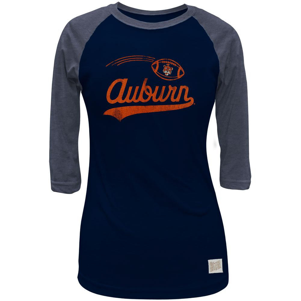 Auburn Tigers - Flying Football Logo Juniors 3/4 Sleeve Raglan T-Shirt Juniors Raglans Auburn Tigers   