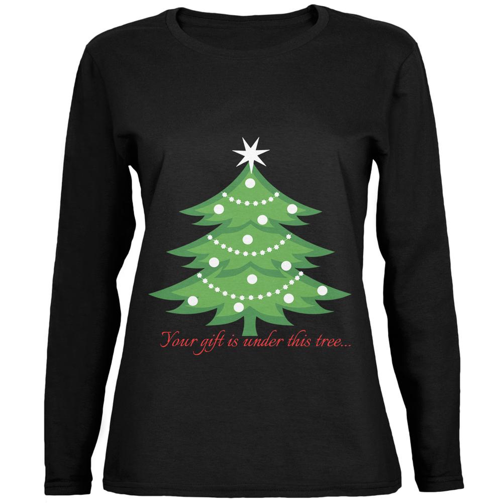 Christmas Gift Under Tree Black Womens Long Sleeve T-Shirt Women's Long Sleeves Old Glory 2XL Black 