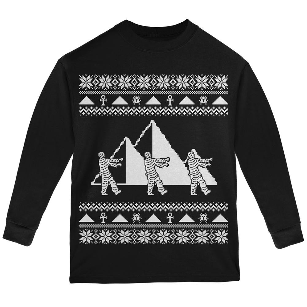 Mummy Pyramid Ugly Christmas Sweater Black Youth Long Sleeve T-Shirt Youth Long Sleeves Old Glory LG Black 