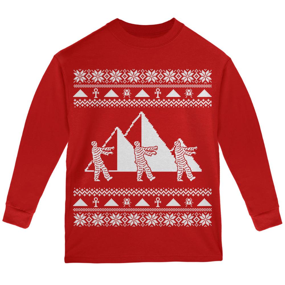 Mummy Pyramid Ugly Christmas Sweater Red Youth Long Sleeve T-Shirt Youth Long Sleeves Old Glory LG Red 