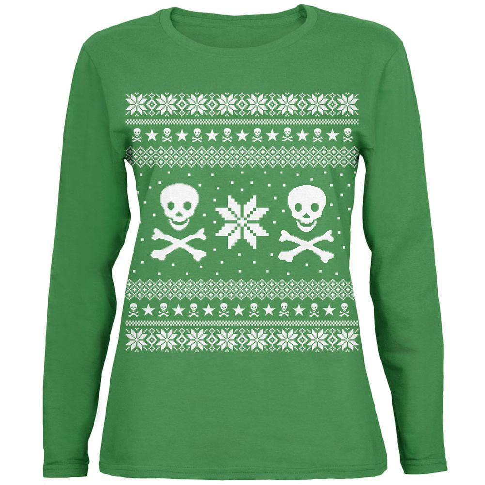 Skull & Crossbones Ugly Christmas Sweater Green Womens Long Sleeve T-Shirt Women's Long Sleeves Old Glory   