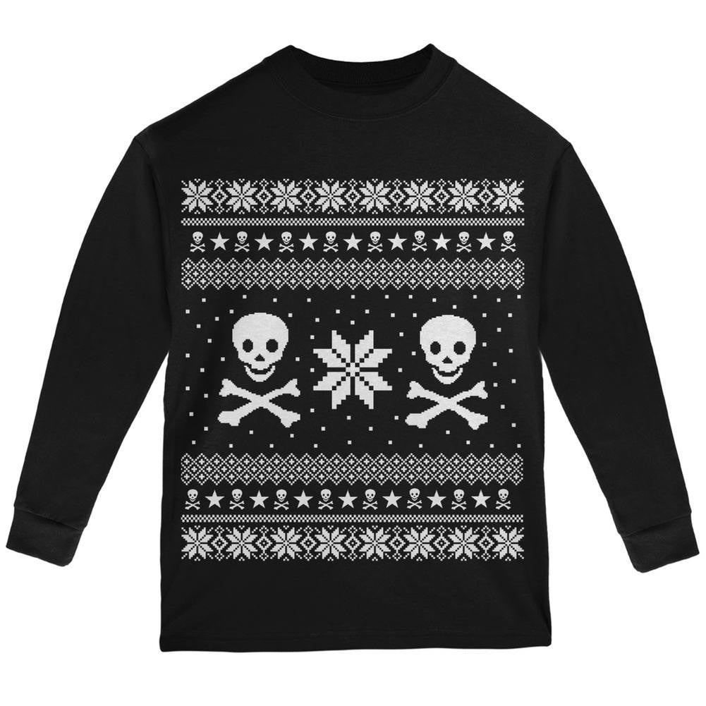 Skull & Crossbones Ugly Christmas Sweater Black Youth Long Sleeve T-Shirt Youth Long Sleeves Old Glory   