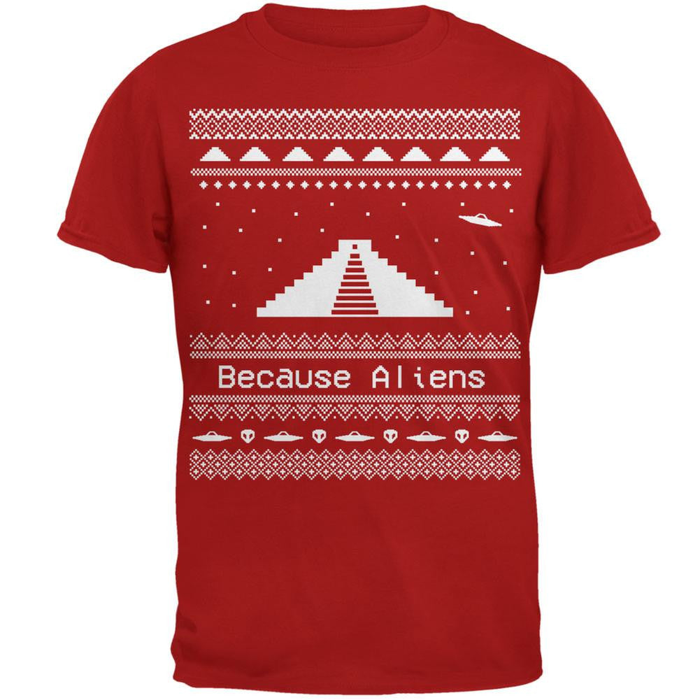 Pyramid Aliens Ugly Christmas Sweater Red Adult T-Shirt Men's T-Shirts Old Glory 2XL Red 