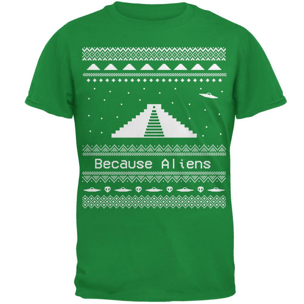 Pyramid Aliens Ugly Christmas Sweater Black Adult T-Shirt Men's T-Shirts Old Glory 2XL Green 