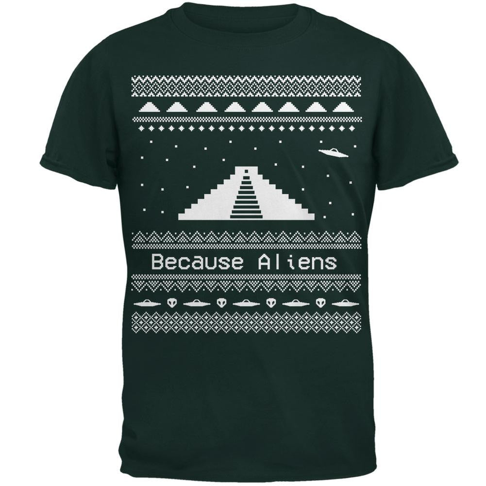 Pyramid Aliens Ugly Christmas Sweater Black Adult T-Shirt Men's T-Shirts Old Glory 2XL Dark Green 