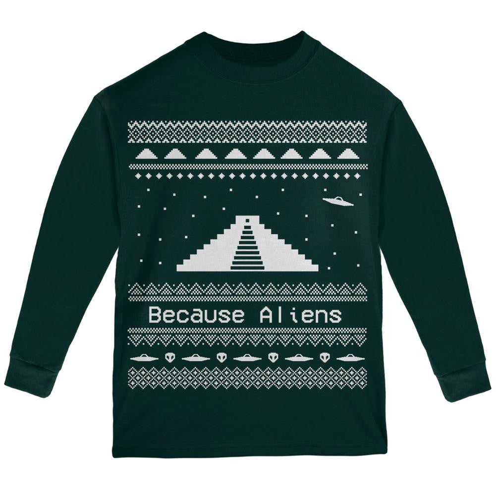 Pyramid Aliens Ugly Christmas Sweater Black Youth Long Sleeve T-Shirt Youth Long Sleeves Old Glory LG Dark Green 