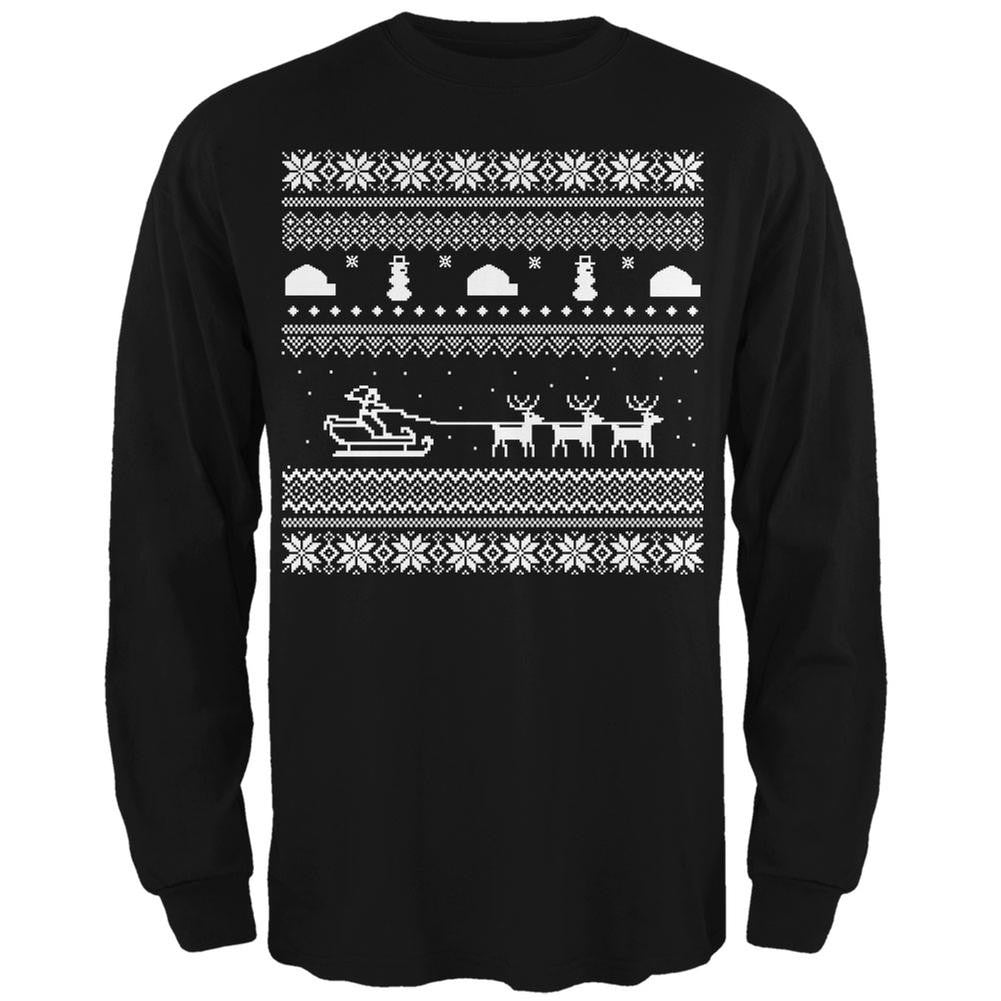 Santa Sleigh Ugly Christmas Sweater Black Adult Long Sleeve T-Shirt Men's Long Sleeves Old Glory   