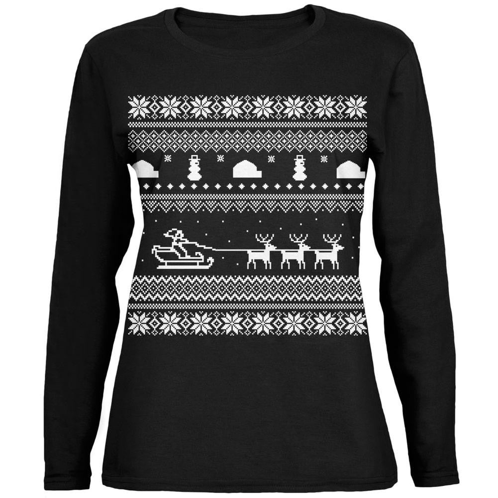 Santa Sleigh Ugly Christmas Sweater Black Womens Long Sleeve T-Shirt Women's Long Sleeves Old Glory   