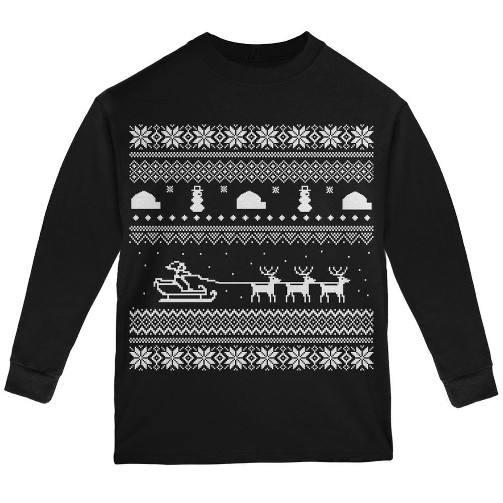 Santa Sleigh Ugly Christmas Sweater Black Youth Long Sleeve T-Shirt Youth Long Sleeves Old Glory   