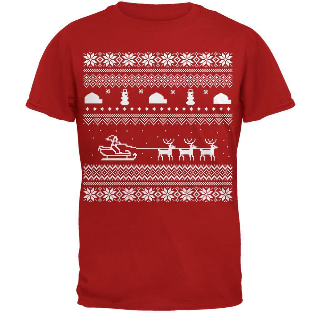 Santa Sleigh Ugly Christmas Sweater Red Adult T-Shirt Men's T-Shirts Old Glory 2XL Red 