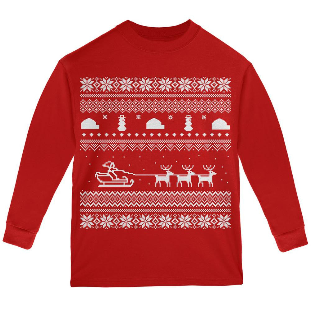 Santa Sleigh Ugly Christmas Sweater Black Youth Long Sleeve T-Shirt Youth Long Sleeves Old Glory   