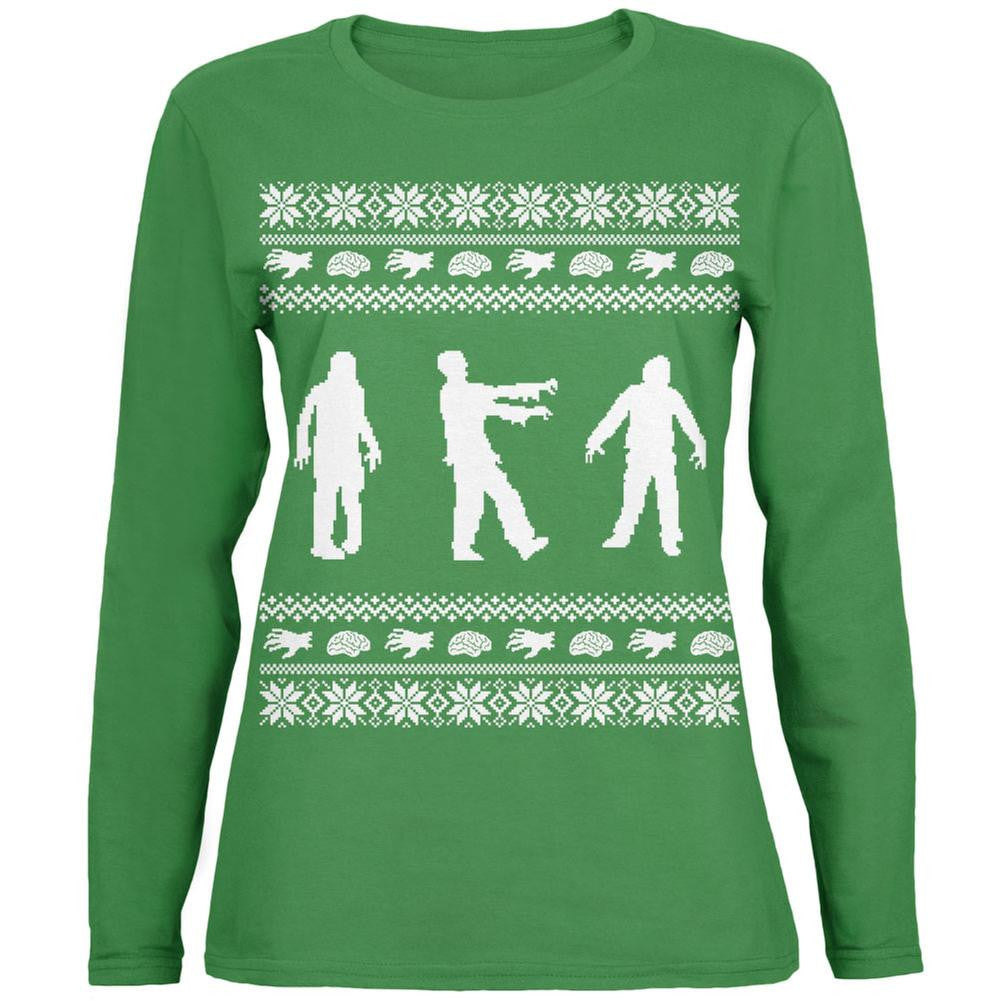 Zombie Ugly Christmas Sweater Green Womens Long Sleeve T-Shirt Women's Long Sleeves Old Glory   