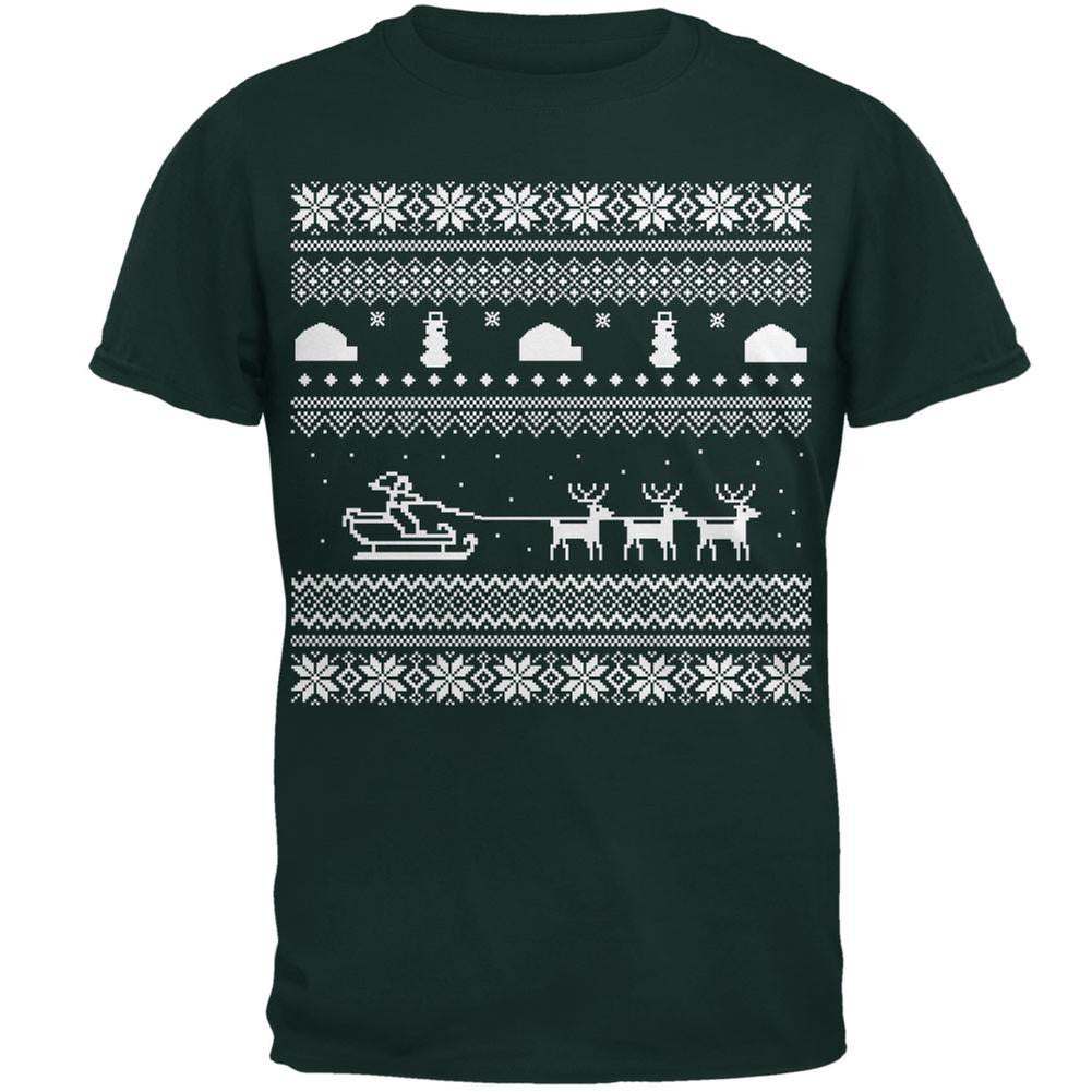 Santa Sleigh Ugly Christmas Sweater Black Adult T-Shirt Men's T-Shirts Old Glory   