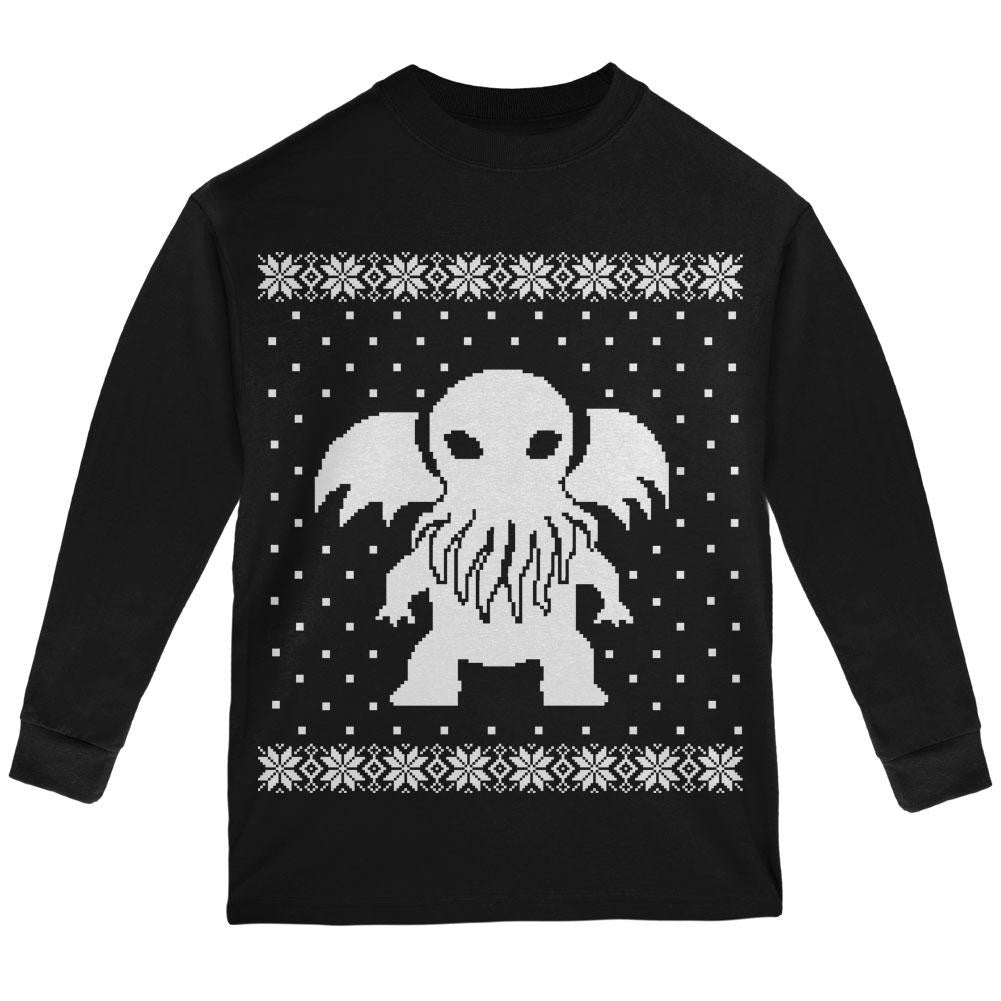 Big Cthulhu Ugly Christmas Sweater Black Youth Long Sleeve T-Shirt Youth Long Sleeves Old Glory   