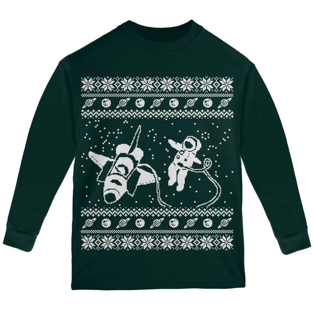 Astronaut in Space Ugly XMAS Sweater Forest Youth Long Sleeve T-Shirt Youth Long Sleeves Old Glory LG Dark Green 