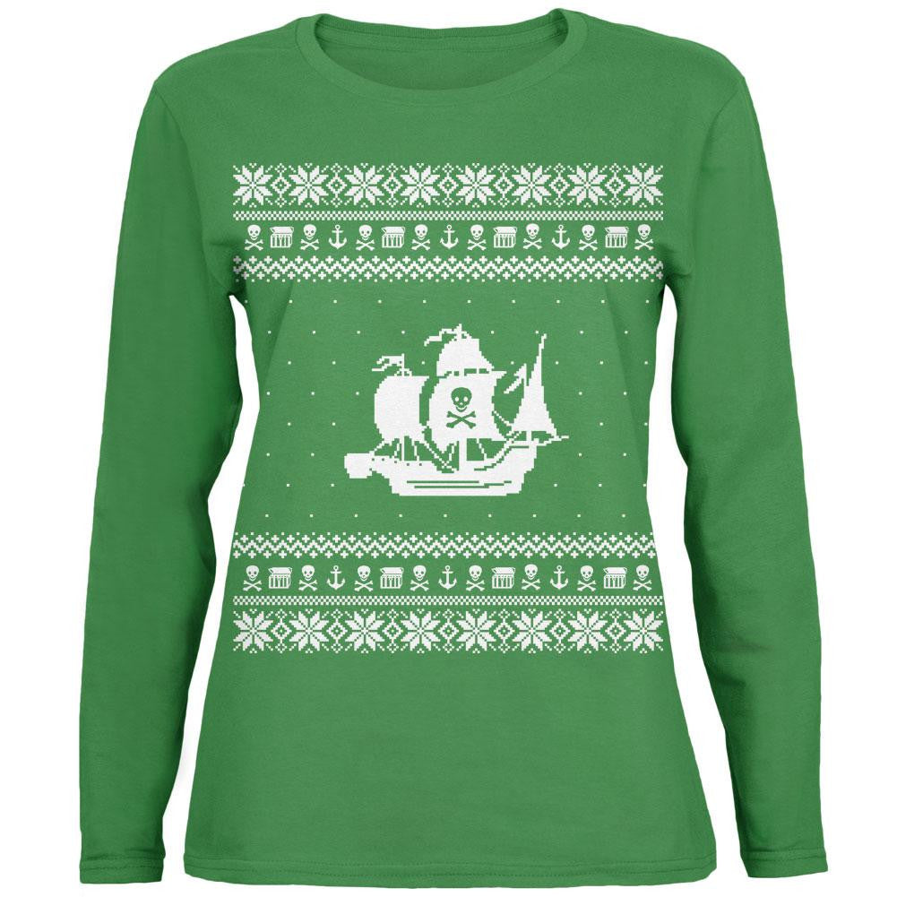 Pirate Ship Ugly XMAS Sweater Green Womens Long Sleeve T-Shirt Women's Long Sleeves Old Glory   