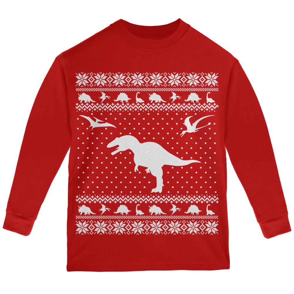 Dinosaurs Ugly XMAS Sweater Red Youth Long Sleeve T-Shirt Youth Long Sleeves Old Glory LG Red 