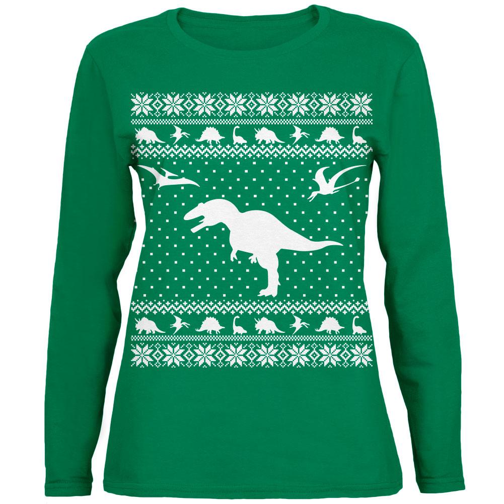 Dinosaurs Ugly XMAS Sweater Green Womens Long Sleeve T-Shirt Women's Long Sleeves Old Glory 2XL Green 