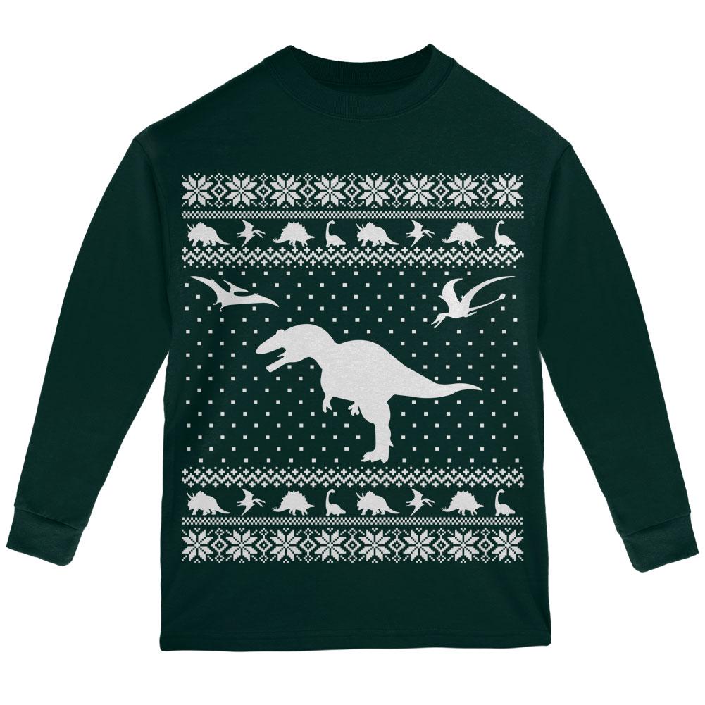 Dinosaurs Ugly XMAS Sweater Forest Youth Long Sleeve T-Shirt Youth Long Sleeves Old Glory LG Green 