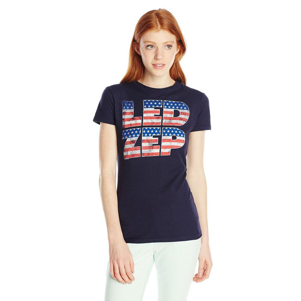 Led Zeppelin American Flag Logo Juniors T Shirt Juniors T-Shirts Old Glory SM Dark Blue