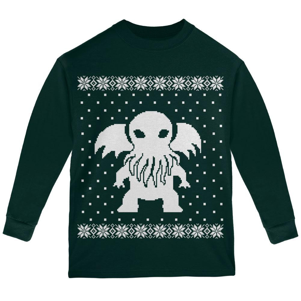 Big Cthulhu Ugly Christmas Sweater Black Youth Long Sleeve T-Shirt Youth Long Sleeves Old Glory   