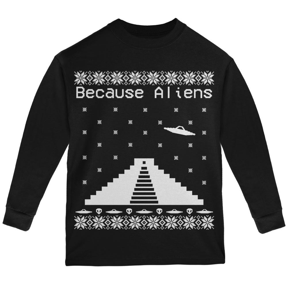 Because Aliens Pyramid Ugly XMAS Sweater Black Youth Long Sleeve T-Shirt Youth T-Shirts Old Glory LG Black 