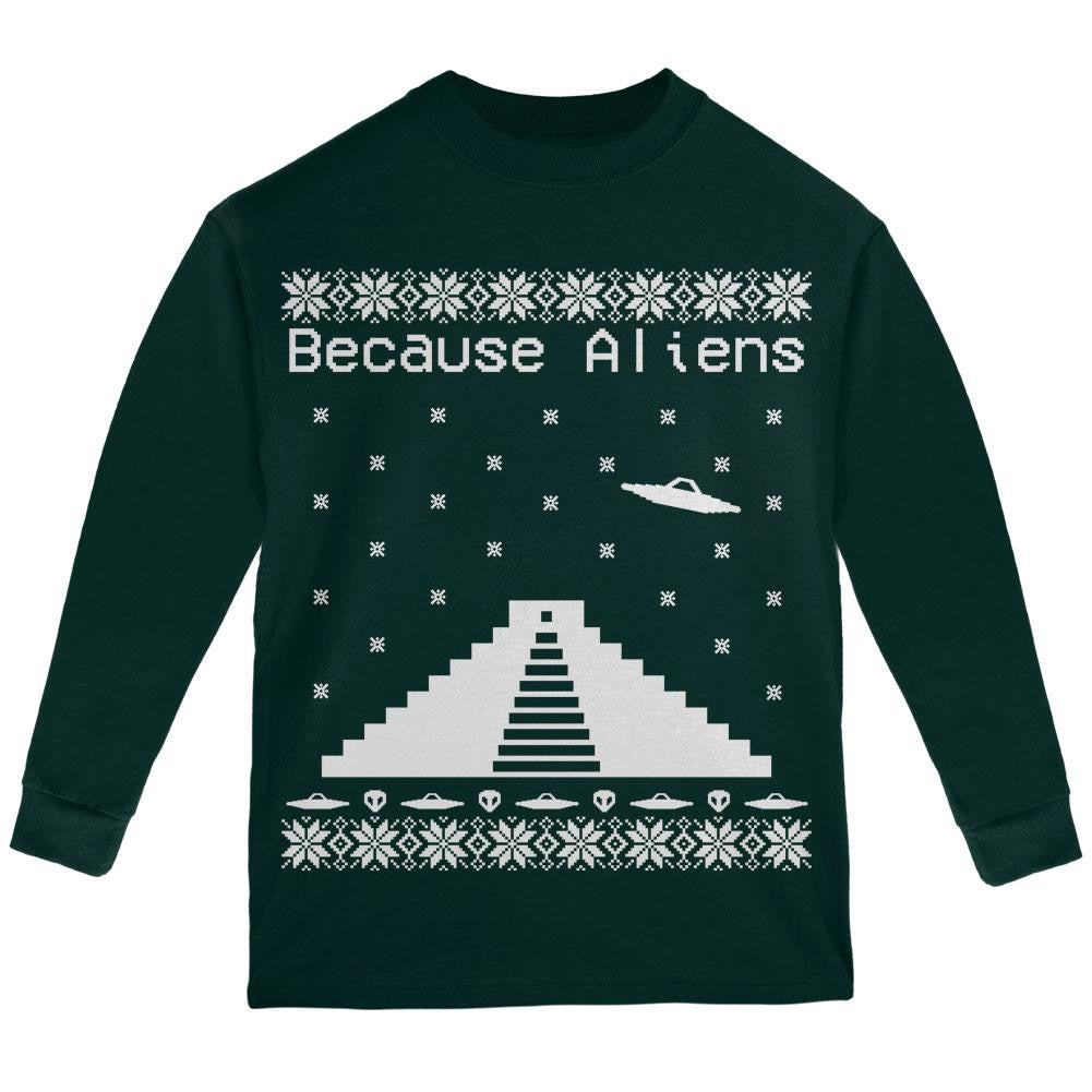 Because Aliens Pyramid Ugly XMAS Sweater Red Youth Long Sleeve T-Shirt Youth Long Sleeves Old Glory LG Dark Green 