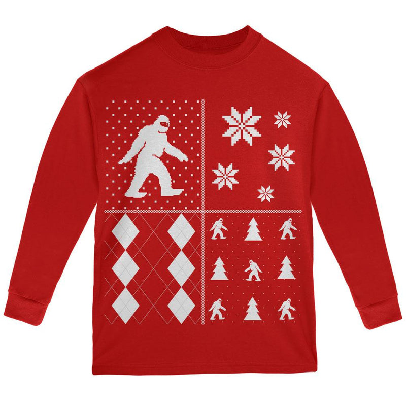 Sasquatch Festive Blocks Ugly XMAS Sweater Black Youth Long Sleeve T-Shirt Youth Long Sleeves Old Glory   