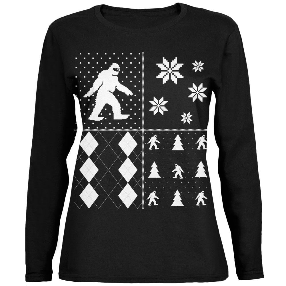 Sasquatch Festive Blocks Ugly XMAS Sweater Black Womens Long Sleeve T-Shirt Women's Long Sleeves Old Glory   