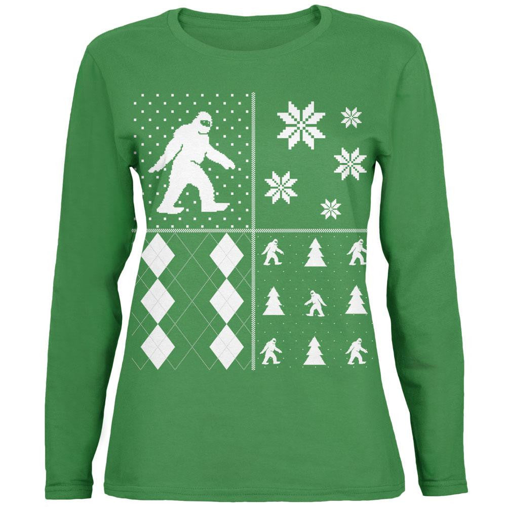 Sasquatch Festive Blocks Ugly XMAS Sweater Green Womens Long Sleeve T-Shirt Women's Long Sleeves Old Glory   