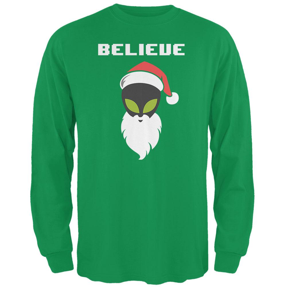 Christmas Believe Alien Santa Irish Green Adult Long Sleeve T-Shirt Men's Long Sleeves Old Glory 2XL Green 