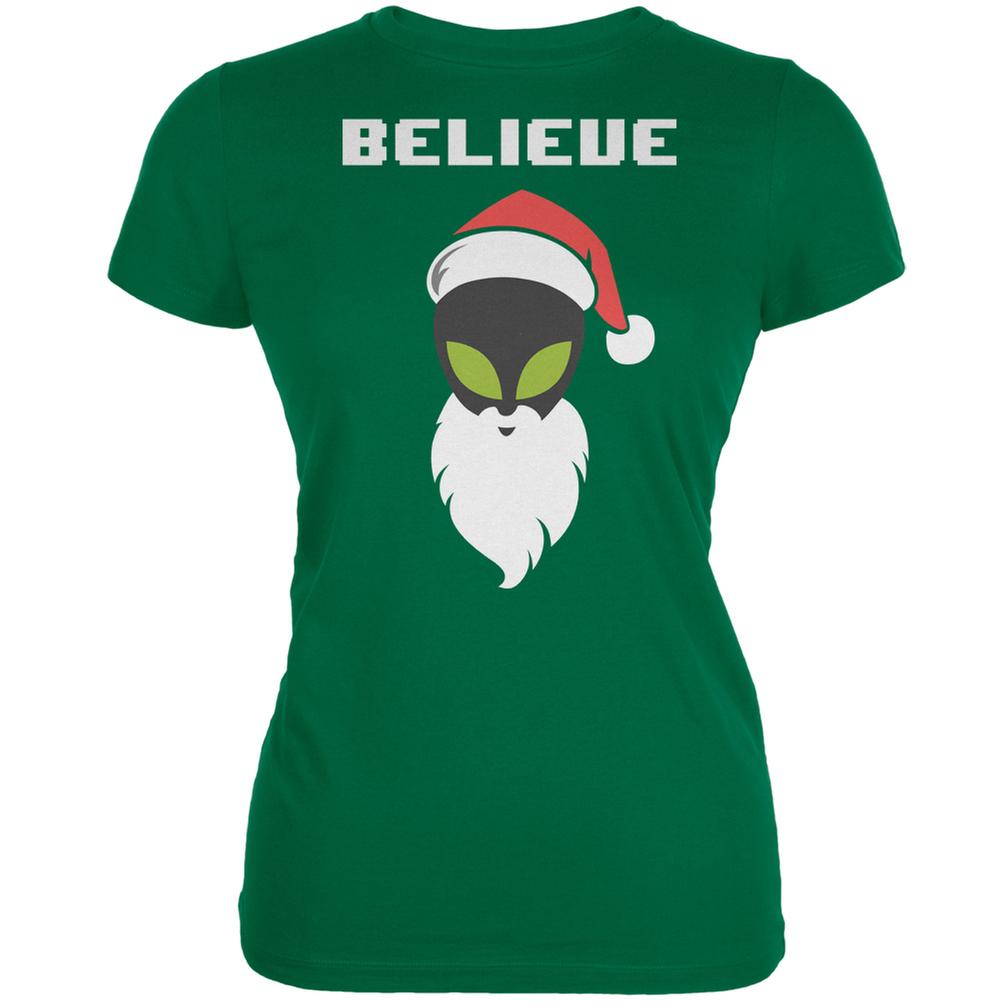 Christmas Believe Alien Santa Kelly Green Juniors Soft T-Shirt Juniors T-Shirts Old Glory 2XL Green 