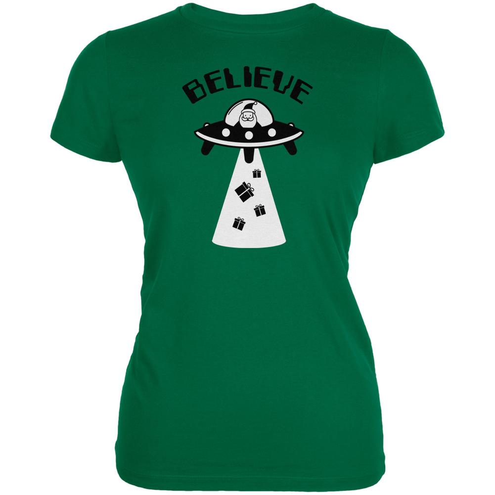 Christmas Believe Santa UFO Kelly Green Juniors Soft T-Shirt Juniors T-Shirts Old Glory 2XL Green 