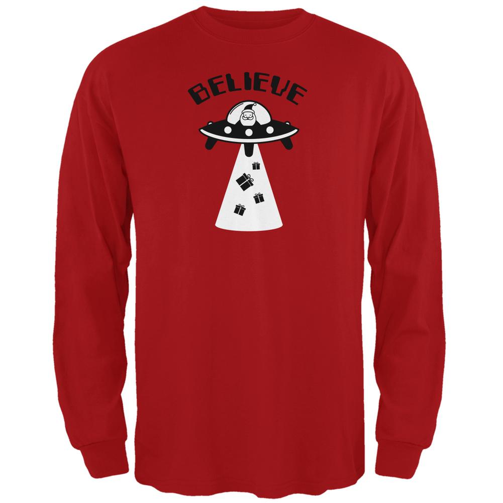 Christmas Believe Santa UFO Red Adult Long Sleeve T-Shirt Men's Long Sleeves Old Glory 2XL Red 