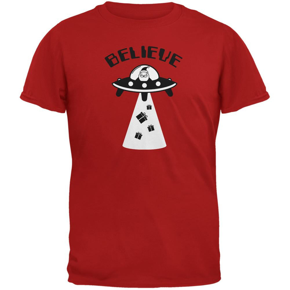 Christmas Believe Santa UFO Red Adult T-Shirt Men's T-Shirts Old Glory 2XL Red 