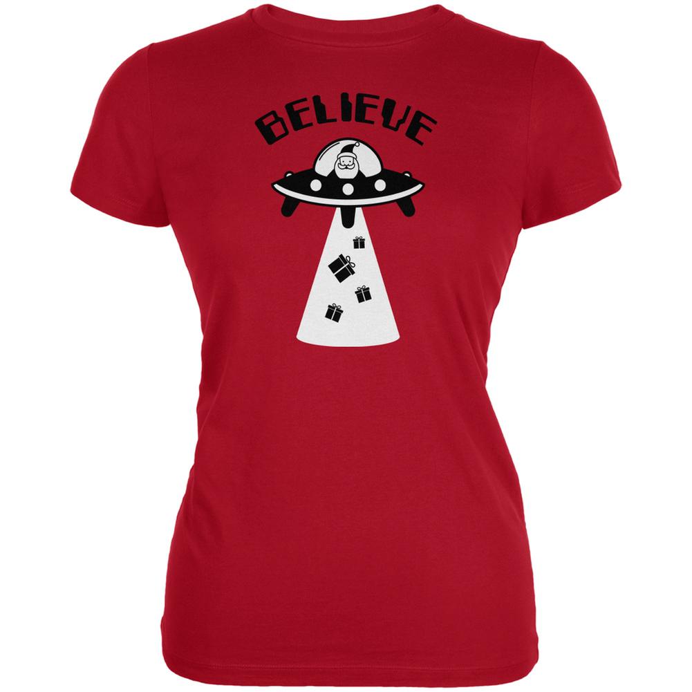 Christmas Believe Santa UFO Red Juniors Soft T-Shirt Juniors T-Shirts Old Glory 2XL Red 