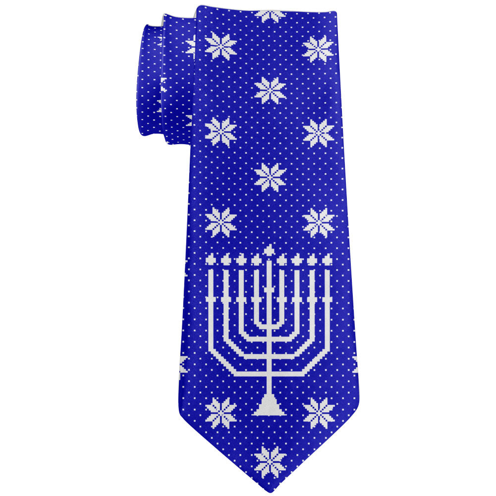 Big Menorah Ugly Hanukkah Sweater All Over Neck Tie Men's Neck Ties Old Glory OS Multi 