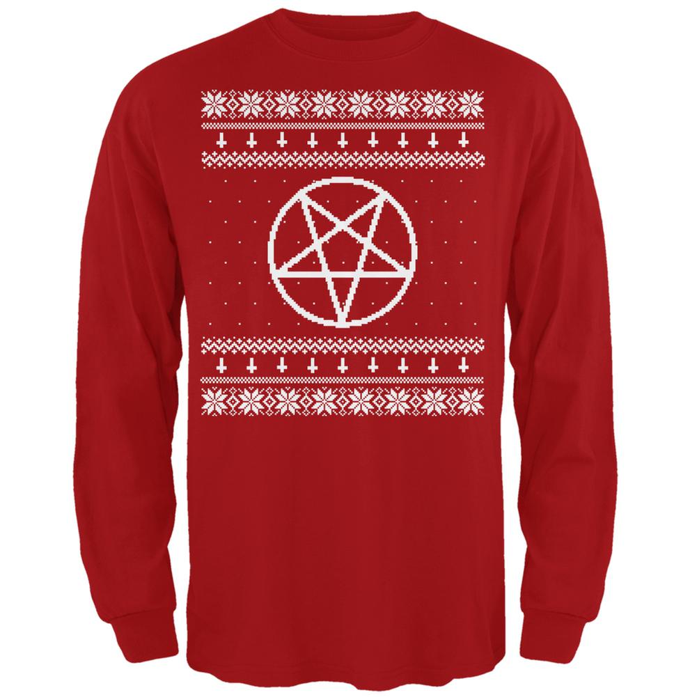 White Satanic Pentagram Ugly Christmas Sweater Red Adult Long Sleeve T-Shirt Men's Long Sleeves Old Glory 2XL Red 