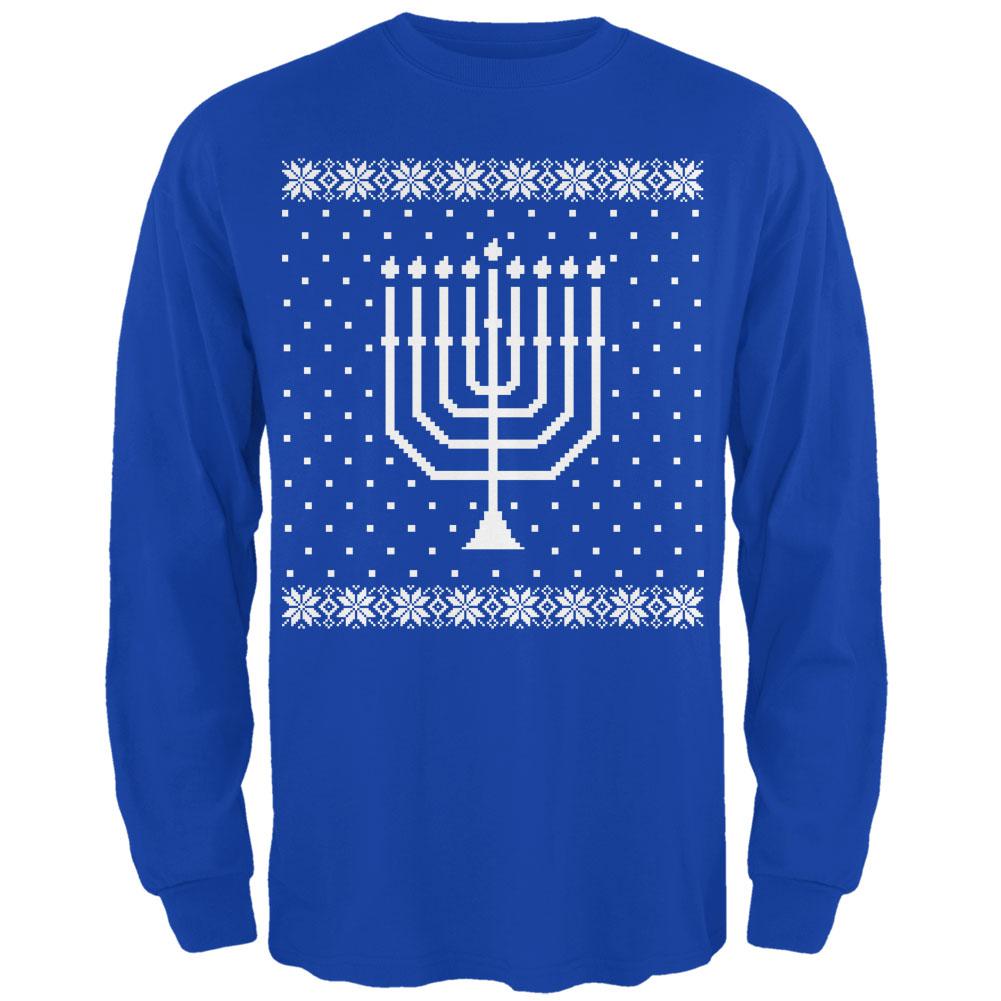 Big Menorah Ugly Hanukkah Sweater Royal Adult Long Sleeve T-Shirt Men's Long Sleeves Old Glory 2XL Blue 