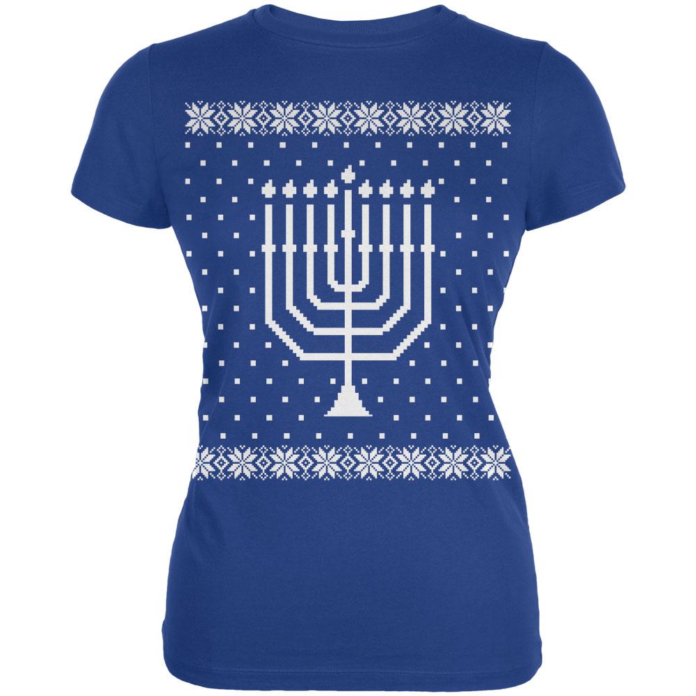 Big Menorah Ugly Hanukkah Sweater Royal Juniors Soft T-Shirt Juniors T-Shirts Old Glory 2XL Blue 