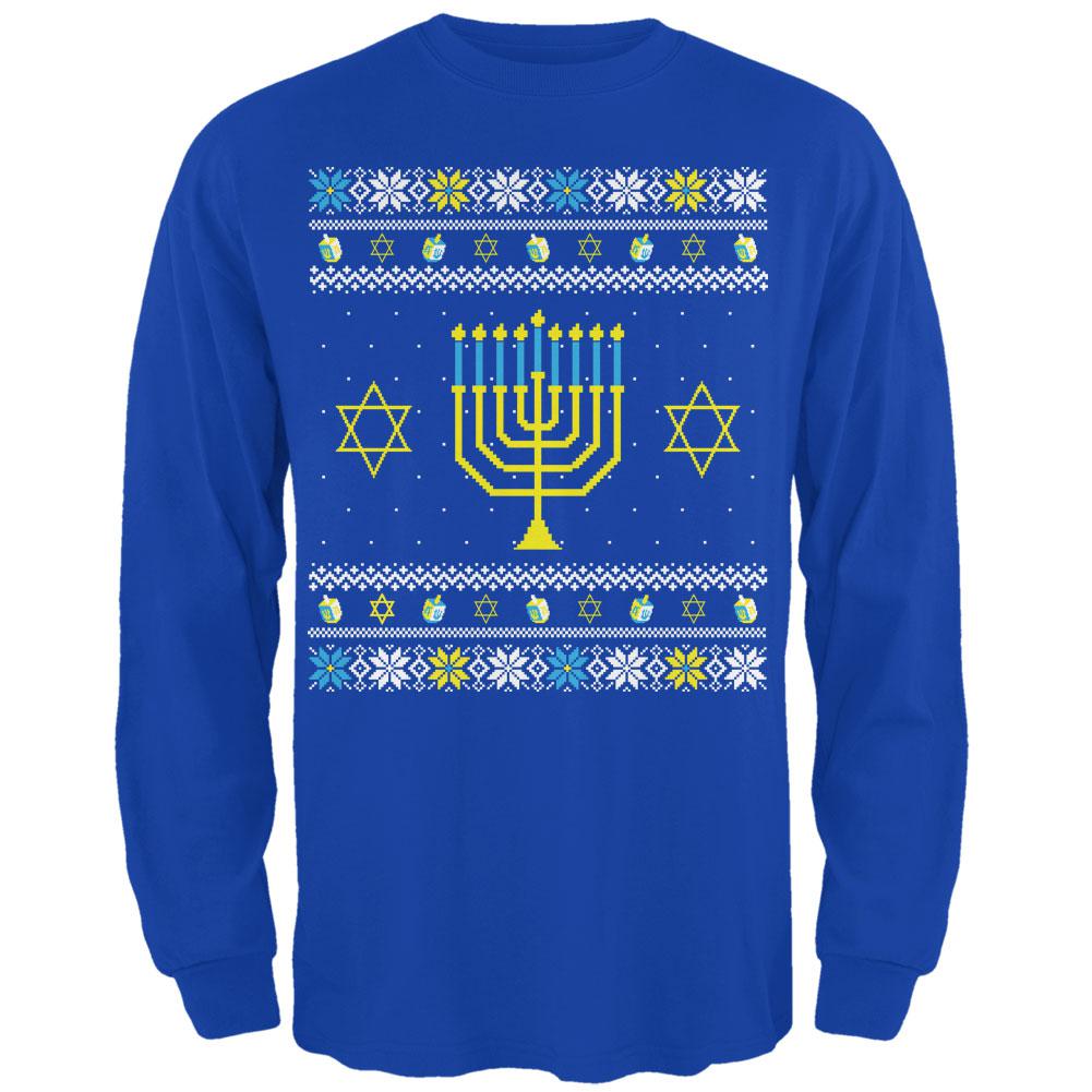 Menorah Ugly Hanukkah Sweater Royal Adult Long Sleeve T-Shirt Men's Long Sleeves Old Glory 2XL Blue 