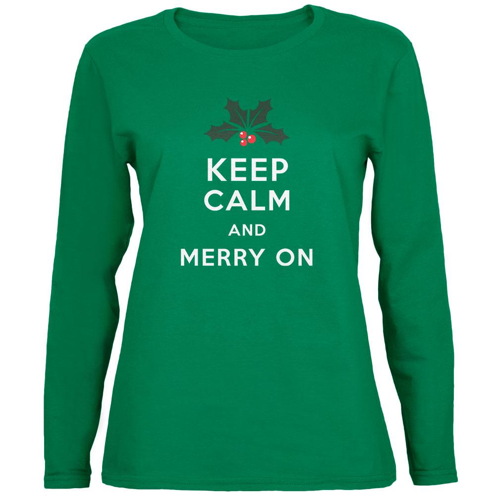 Christmas Keep Calm & Merry On Green Womens Long Sleeve T-Shirt Women's Long Sleeves Old Glory 2XL Green 