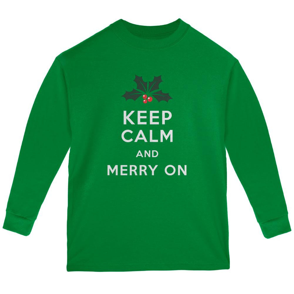 Christmas Keep Calm & Merry On Green Youth Long Sleeve T-Shirt Youth Long Sleeves Old Glory LG Green 