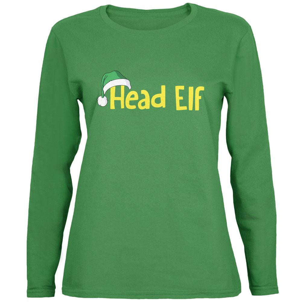 Christmas Head Elf Green Womens Long Sleeve T-Shirt Women's Long Sleeves Old Glory SM Green 