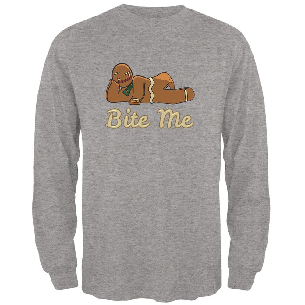 Gingerbread Man Bite Me Heather Grey Adult Long Sleeve T-Shirt Men's Long Sleeves Old Glory 2XL Grey 