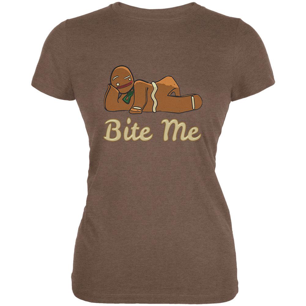 Gingerbread Man Bite Me Heather Brown Juniors Soft T-Shirt Juniors T-Shirts Old Glory 2XL Brown 