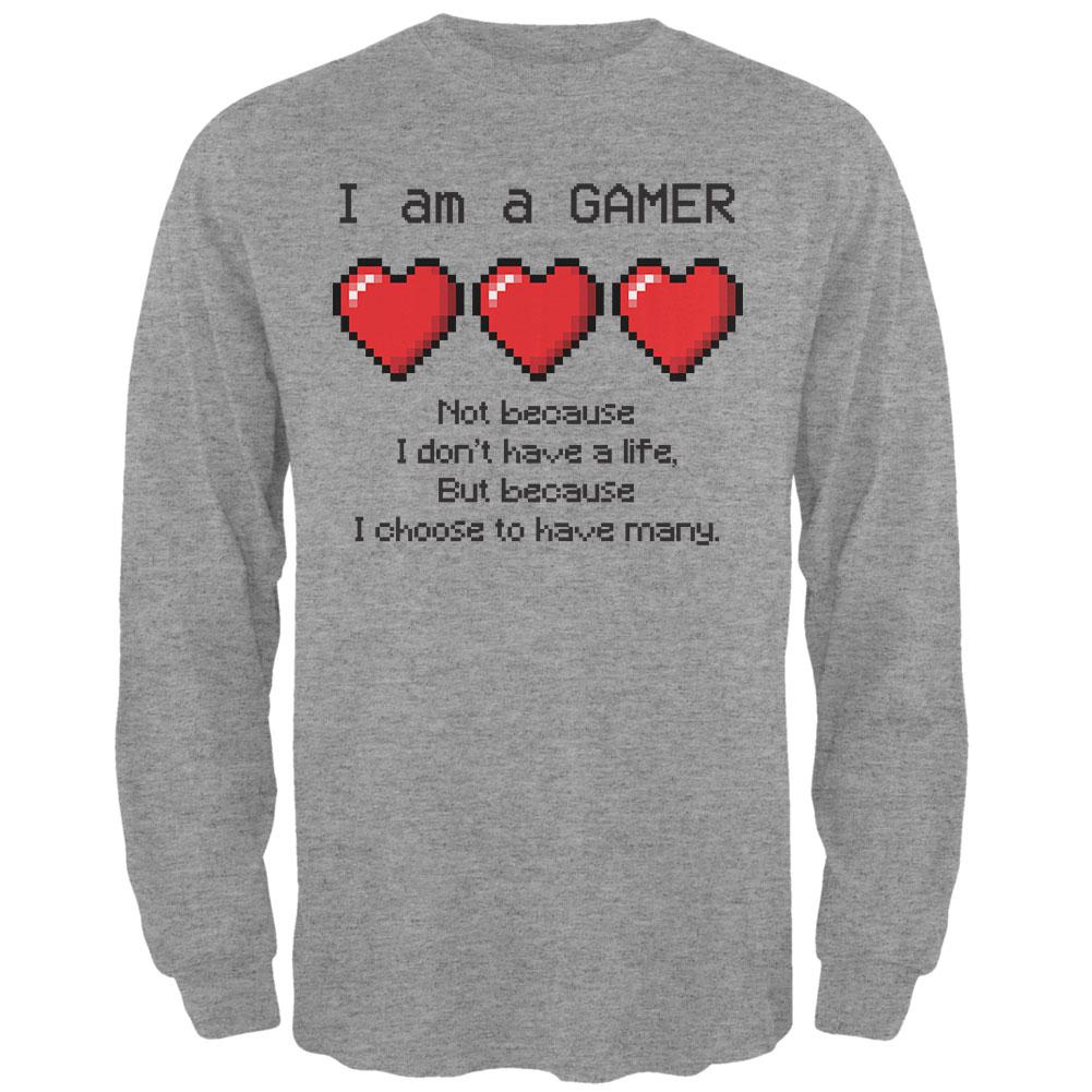 Eight Bit Three Lives Gamer  Heather Grey Adult Long Sleeve T-Shirt Men's Long Sleeves Old Glory 2XL Grey 